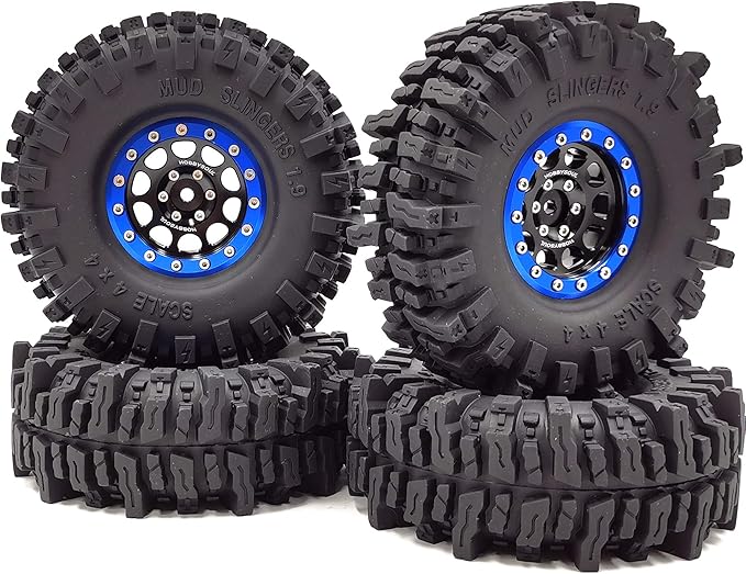 HOBBYSOUL 120mm Tall 1.9 Mud Slingers Tires T8 Soft Sticky Tyres & 1.9 Beadlock Wheels Rims Black Blue For RC 1/10 Rock Crawler SCX10 TRX4 Gen8, (4-Pack, HS700601)