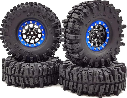HOBBYSOUL 120mm Tall 1.9 Mud Slingers Tires T8 Soft Sticky Tyres & 1.9 Beadlock Wheels Rims Black Blue For RC 1/10 Rock Crawler SCX10 TRX4 Gen8, (4-Pack, HS700601)