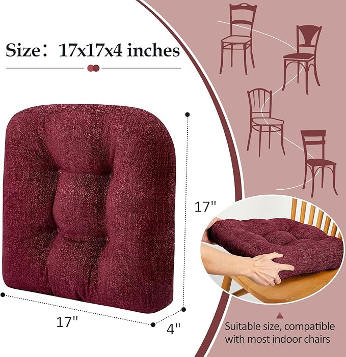 downluxe Chair Cushions for Dining Chairs 2 Pack, Tufted Indoor Chair Pads with Non-Slip Bottom, U-Shaped Kitchen Chair Cushions, 17"x17"x4", Burgundy