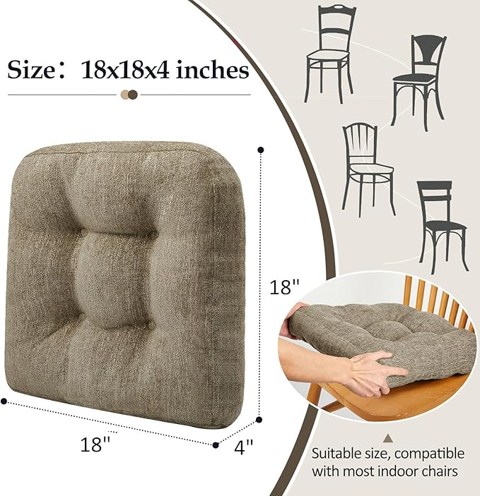 downluxe Chair Cushions for Dining Chairs 4 Pack, Tufted Indoor Chair Pads with Non-Slip Bottom, U-Shaped Kitchen Chair Cushions, 18"x18"x4", Khaki