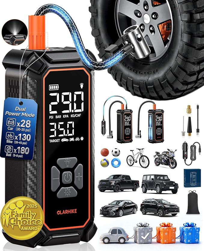 OlarHike Cordless Tire Inflator Portable Air Compressor, Dual Power Mode - 9000 mAh & 12V DC, Air Pump for Car Tires, Motorcycle, Bicycle, Electric Pump with LED Light & Digital Pressure Gauge