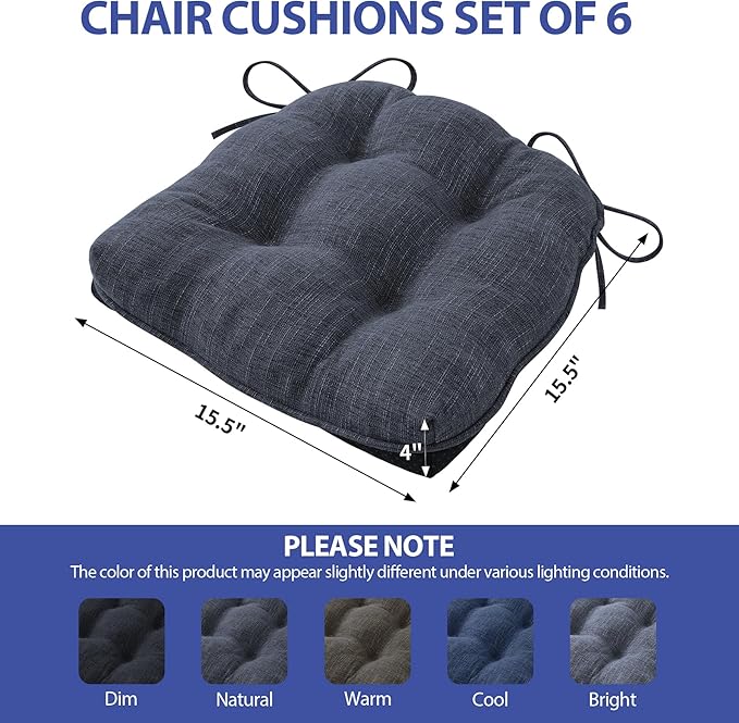 IPYNBAP Chair Cushions for Dining Chairs Set of 6, Kitchen Chair Cushions, Chair Pads with Ties and Non Slip Backing, Tufted Memory Foam Seat Cushion 6 Pack, 15.5" x 15.5" x 4", Navy Blue