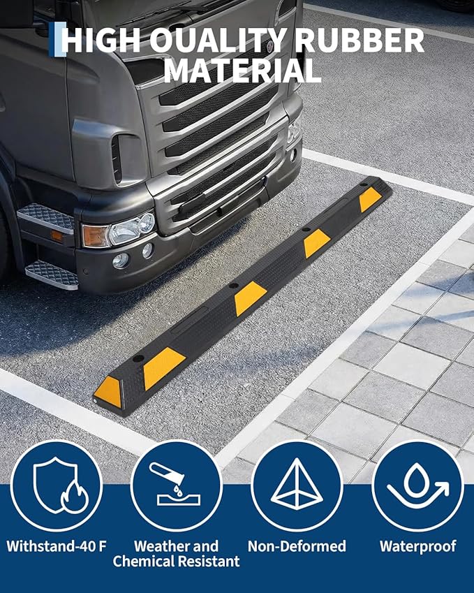 72-Inch Heavy Duty Rubber Parking Curb with Reflective Stripes, 6 ft Premium Quality Auto Wheel Stoppers for Garage, Driveway & Parking Lots