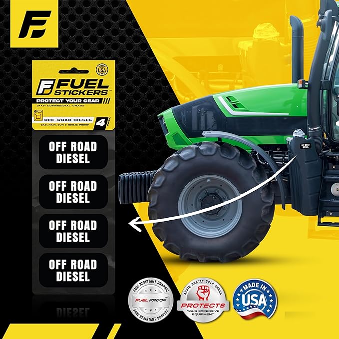 Off Road Diesel Sticker - Tractors, Construction, Agriculture, and Heavy Equipment - Weather Proof, Extreme Stick, Commercial Grade Labels by Fuel Stickers - USA Made (2x1 inch), 4 Labels