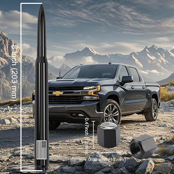 8" Car Truck Bullet Antenna with Tire Valve Caps American Flag Universal Replacement for GMC Sierra Chevy Silverado Dodge Ram 1500 2500 3500 Ford F150 F250 F350 Super Duty Raptor Accessories Black