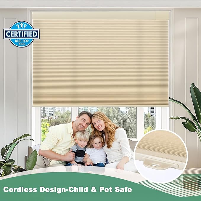 Tonature No Drill Cellular Shades for Indoor Windows, Thermal Insulating & Noise Reducing Honeycomb Blinds, Free Stop Cordless Light Filtering Shades, Beige,31" W x 64" H