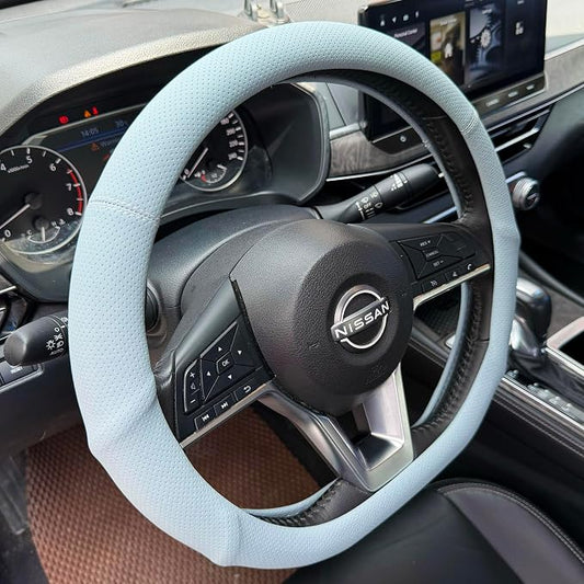 PINCTROT D Shaped Nappa Leather Steering Wheel Cover with Ergonomic Palm Support Grip, Full Perforated Breathable, Slim Fit No Bulk Design, Flat Bottom 14.5-15 Inch (Ice Blue)