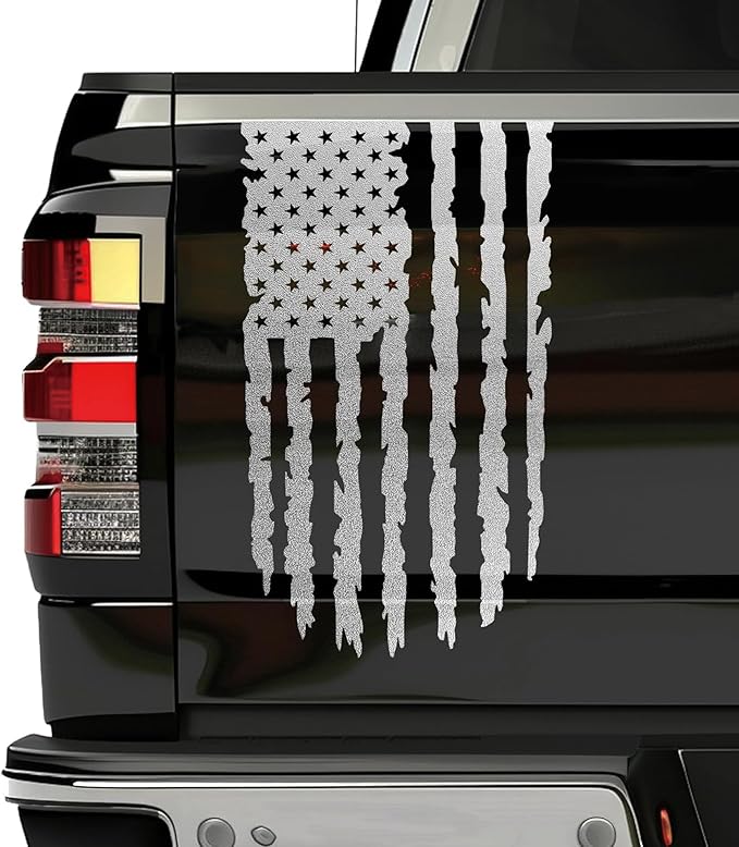 GRITKULTURE Distressed American Flag Vinyl Decal 17 inches by 9 inches for Trucks, Cars, and Windows Compatible with Most Pickup- Rear Graphic USA, US Flag Car Sticker (Reflective Silver)