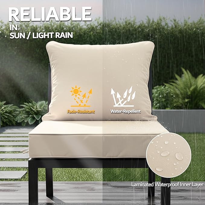 19x19 Inch Patio Chair Cushions Set of 4, Outdoor Furniture Cushions - Removable Cover, Water-Repellent, Fade-Resistant, Non-Slip Bottom & Straps, Replacement for Lawn, Porch & Deck Chair - Cream
