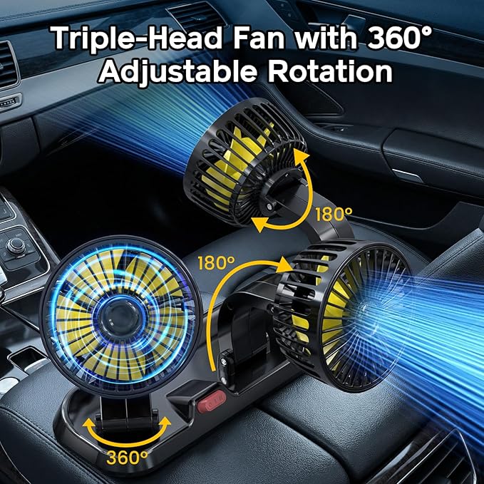 Portable 3-Head Car Cooling Fan, Fans for Vehicles Cars Trucks Dashboard (Cigarette Lighter Plug, No Battery)