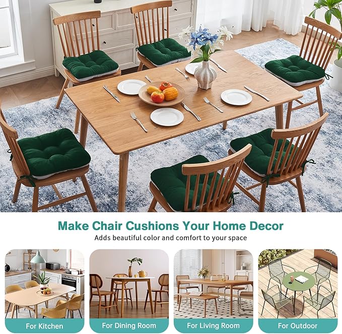 BETU Chair Cushions for Dining Chairs Set of 6,3.5" Thick Kitchen Table Chair Pads with Ties,Non Slip Backing and Covers, Seat Cushion for Dining Room,Bar,Patio Chairs,15.5"X15.5"X3.5",Dark Green