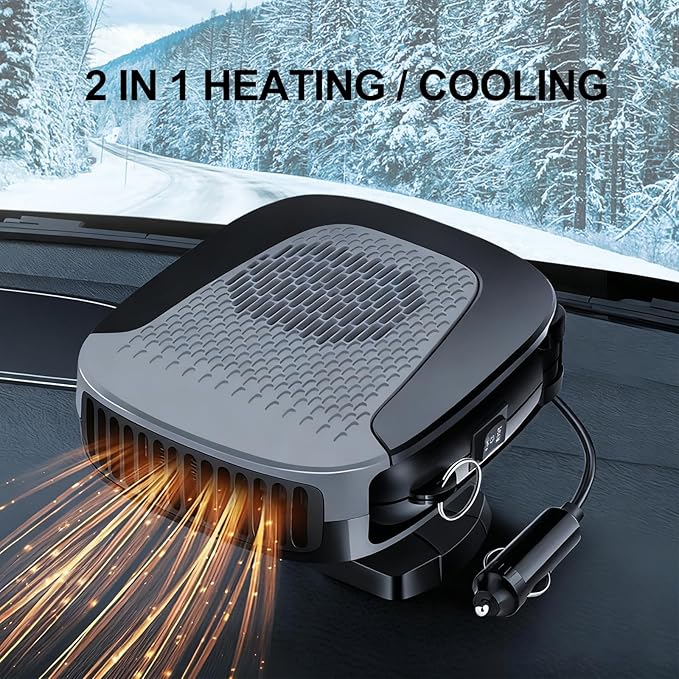 Car Heater With Handle,2IN1 Heating & Cooling, 12V 150W Portable Fast Heating Auto Windshield Defogger Defroster 360 Degree Rotary Automobile Windscreen Heater Plug into Cigarette Lighter