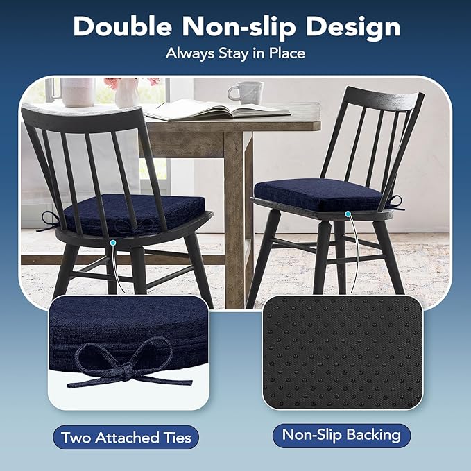 Chair Cushions for Dining Chairs, Non Slip Chair Pads with Ties and Washable Covers, Memory Foam Kitchen Chair Cushions Set of 4, 16"X16"X2.5", Navy