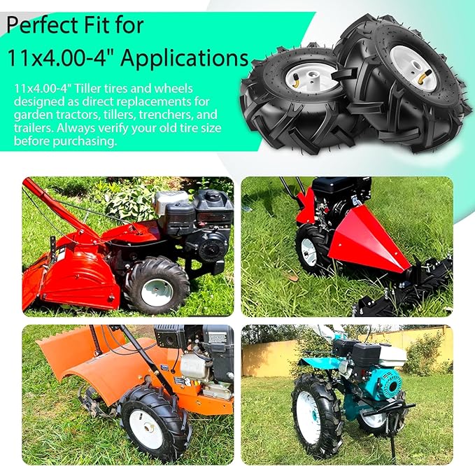 11x4.00-4" Tiller Tires and Wheels, (2-Pack 3/4" Axle Bore, 3-1/8" Centered Hub) 11x4.00-4" Tiller Tires Replacement for Craftsman & Troy-Bilt Garden Tractors, Tillers & Trenchers