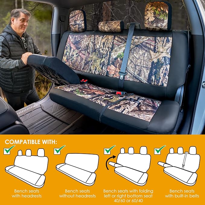 Mossy Oak Camo Truck Bench Seat Cover Fits All Full-Size Silverado F-150 Ram Sierra Titan Tundra Pickup Trucks; Folding Bench or Standard Bench Seats; 70% Polyester, 30% Polyurethane