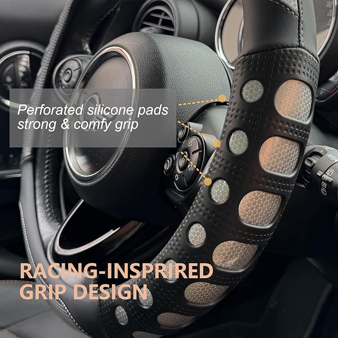 PINCTROT Race Grip Steering Wheel Cover, Anti Slip Silicone Perforated Design with Soft Touch Padding, Enhanced Grip for Sporty Driving, Universal 14.5-15 Inch (Racing Silver)