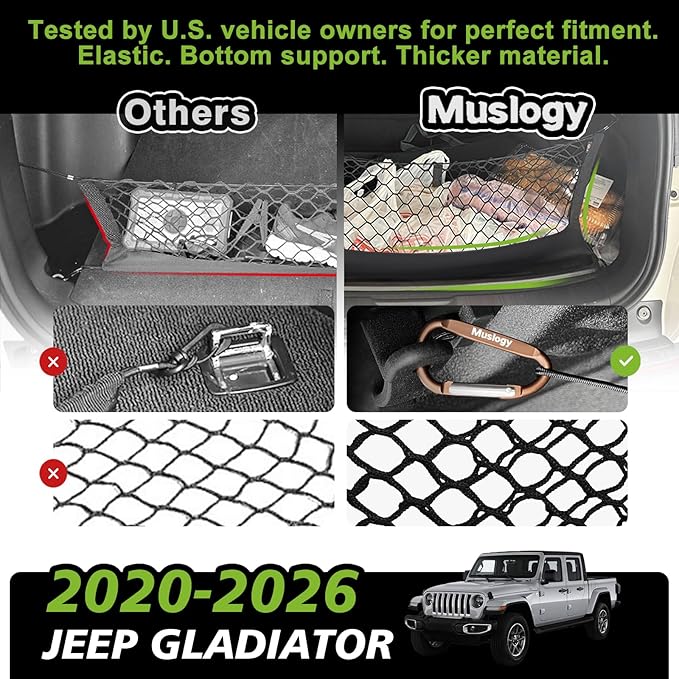 Muslogy Truck Bed Cargo Net Trunk Netting Compatible with Jeep Gladiator 2020-2025 2026 JT Accessories, Pickup Cargo Organizer SUV Sedan Storage Net w/Heavy Duty Carabiners