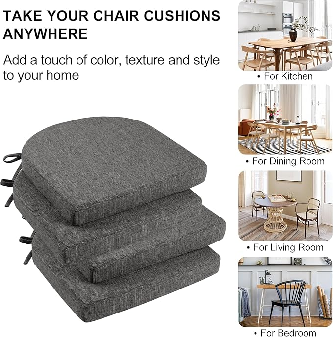 Wellsin Chair Cushions for Dining Chairs 4 Pack - Kitchen Chair Cushions with Ties and Non-Slip Backing - Dining Chair Pads 16"X16"X2", Dark Gray