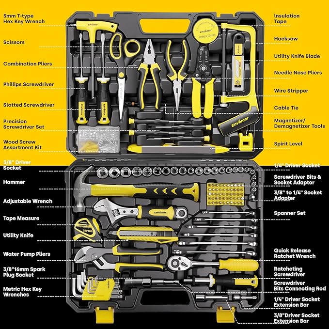 Enventor Home Tool Kit, 220 Piece Hand Tool Kit with Toolbox Storage Case, Basic Household Auto Repair Tool Set for Home Repairs Men Women DIY, Auto Maintenance, General Use, Household Repair Tools