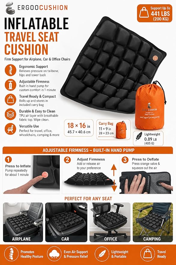 Inflatable Travel Seat Cushion with Built‑in Manual Pump, Adjustable Firmness & Compact Storage –Firm Support for Airplane, Car & Office Chairs, Generous 18x16, Carry Bag Included