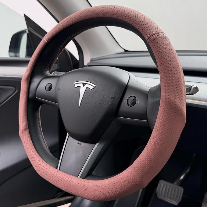 PINCTROT Supported Grip Nappa Leather Steering Wheel Cover for Tesla Model Y/3 Highland/Juniper, D Shaped 14 Inch Small Sized with Breathable Perforation, Flat Bottom 14 Inch(Maple Brown)