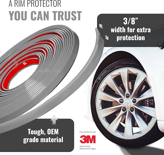 All-Fit Automotive Rim Trim – Durable DIY Car Exterior Accessories for Curb Rash Protection – Fits Up to Four 24” Wheels – Flexible, Durable Wheel Rim Protector (3/8″ width/Silver)