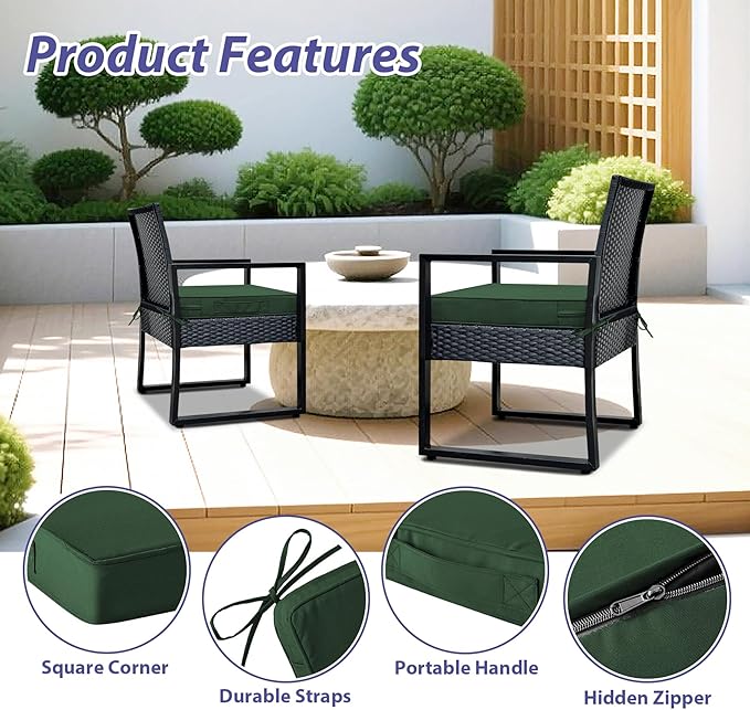 IPYNBAP Outdoor Chair Cushions Set of 4 -Waterproof Outdoor Seat Cushions for Patio Furniture, Patio Chair Cushion with Handle and Ties, Out Door Chair Pads,17x16x2-Square, Forest Green