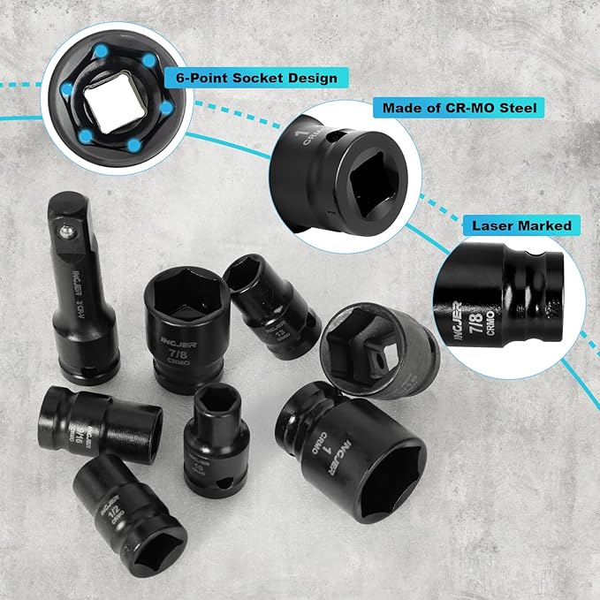 1/2" 29PCS Drive Impact Socket Set, SAE (3/8 to 1 inch) and Metric (10-24mm) Sizes with Extension Bars Standard Shallow Socket Set CR-MO Material High Torque Truck Bearing Locknut
