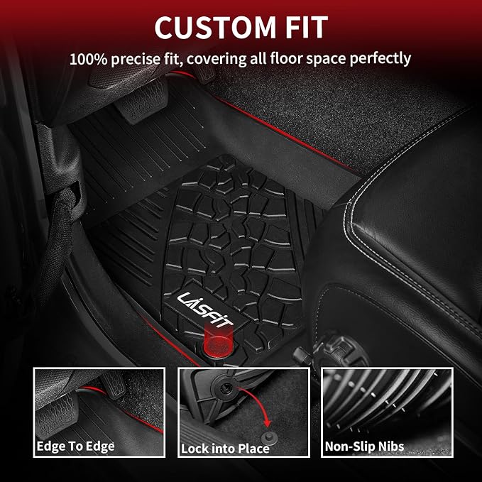 LASFIT Floor Mats for Jeep Wrangler JL 2018-2025 2026 Unlimited 4 Door Gas/MHEV Type (Not Fit for JK or PHEV) All Weather TPE Custom Fit Car Mats Floor Liners 1st & 2nd Row, Black