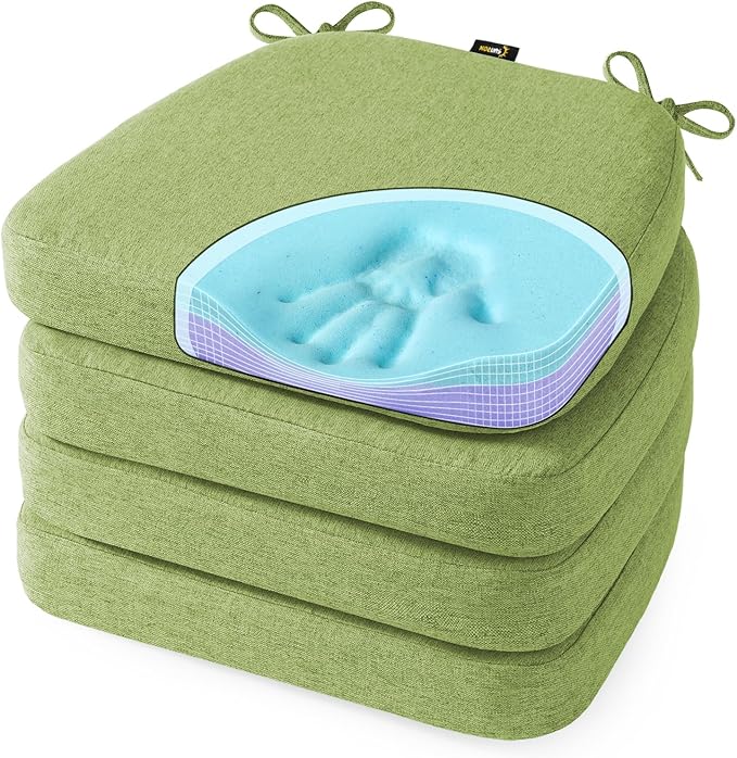 SUNROX Cooling Gel Memory Foam Chair Cushions, 2.6" Thick U-Shaped Dual-Layer Comfort Dining Chair Pads, Non Slip Seat Cushion with Ties for Indoor Kitchen Office 17"x16" Set of 4, Apple Green