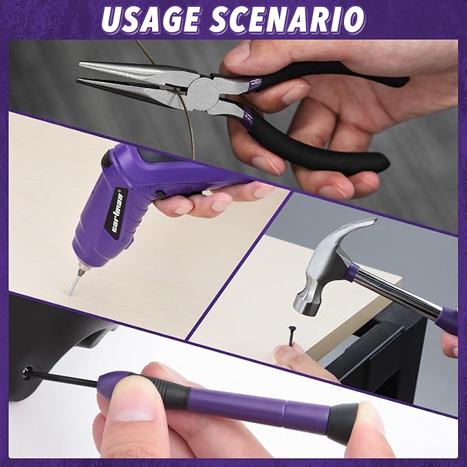 CARTMAN 149-piece Tool Set with Purple Cordless Screwdriver Essential Household Tool Box Hand Tool Kit