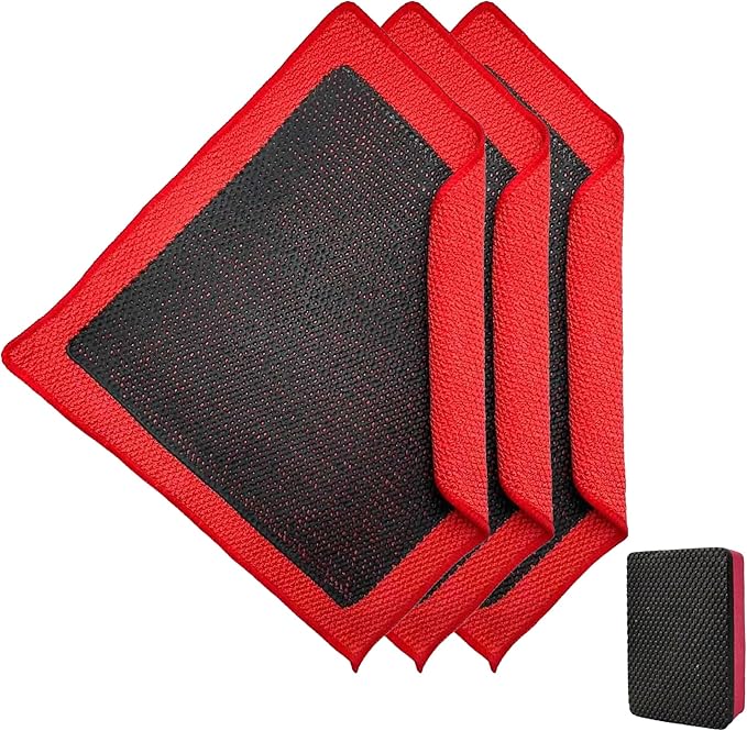 Upgrade Clay Towels and Pad Set 4PCS - Perforated Synthetic Decontamination Towel for Car Detailing, Cleaning & Release of Paint Contaminants, 3pcs Clay Bar Towels 12x12 Red, & 1pcs Red Pad