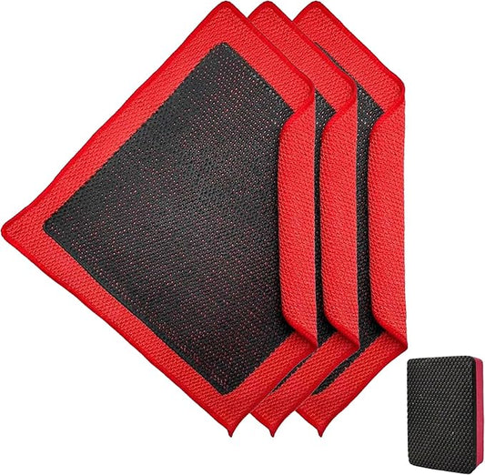 Upgrade Clay Towels and Pad Set 4PCS - Perforated Synthetic Decontamination Towel for Car Detailing, Cleaning & Release of Paint Contaminants, 3pcs Clay Bar Towels 12x12 Red, & 1pcs Red Pad