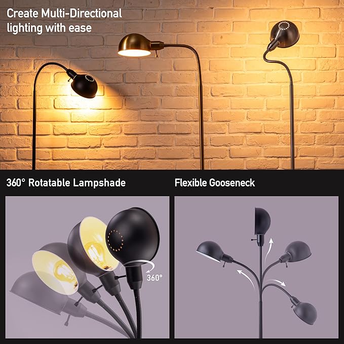 O'Bright Adjustable Floor Lamp with Flexible Gooseneck and Rotatable Shade, E26 Socket, 10-Inch Base - Ideal for Reading, Bedside, Living Room, Black