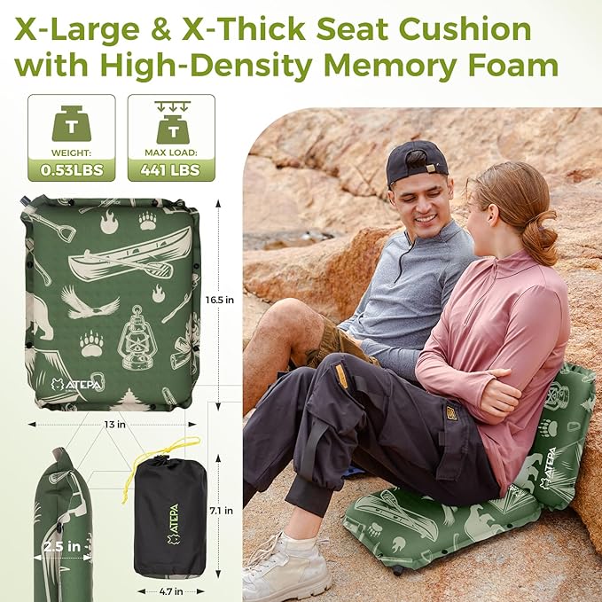 ATEPA Inflatable Seat Cushion, Compact Self-Inflating Seat Cushion for Stadium Airplane Air Travel Bleacher Camping, Blow Up Foam Seat Pad for Outdoor Sports Events Backpacking Hiking Sitting