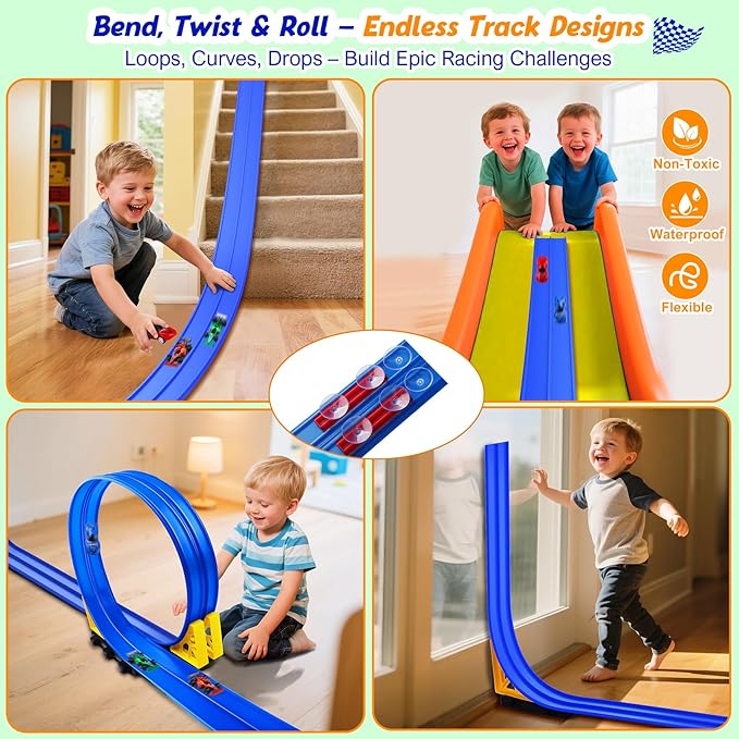 Nicmore Flexible Race Track Toy Set: 15ft DIY Bendable Ramp with Suction Cups – Portable Roll-Up Car Track for Kids Compatible with 1:64 Diecast Cars – Birthday Christmas for Boys Girls Ages 3+