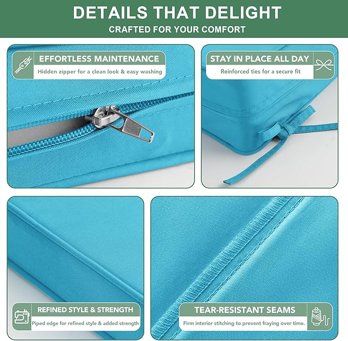 Summsun Outdoor Backrest and Deep Seat Cushion Set, Waterproof Fade Resistant Patio Chair Furniture Cushion with Removable Cover, 22 x 22 Inch, Teal, Set of 2