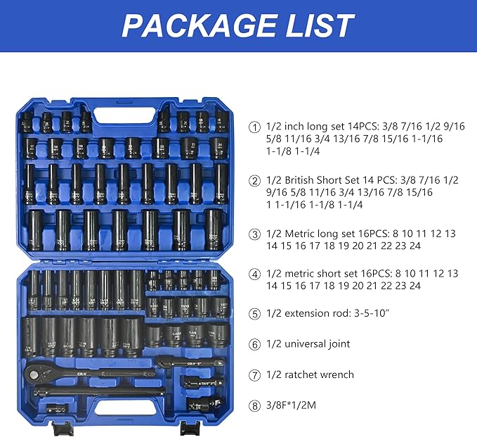 66-Piece Impact Socket Set 3/8 Inch Drive, Deep and Shallow Sockets with 72-Tooth Ratchet, Extension Bars, Universal Joints, CR-V Heavy Duty Mechanic Tool Kit with Case, Black&Blue