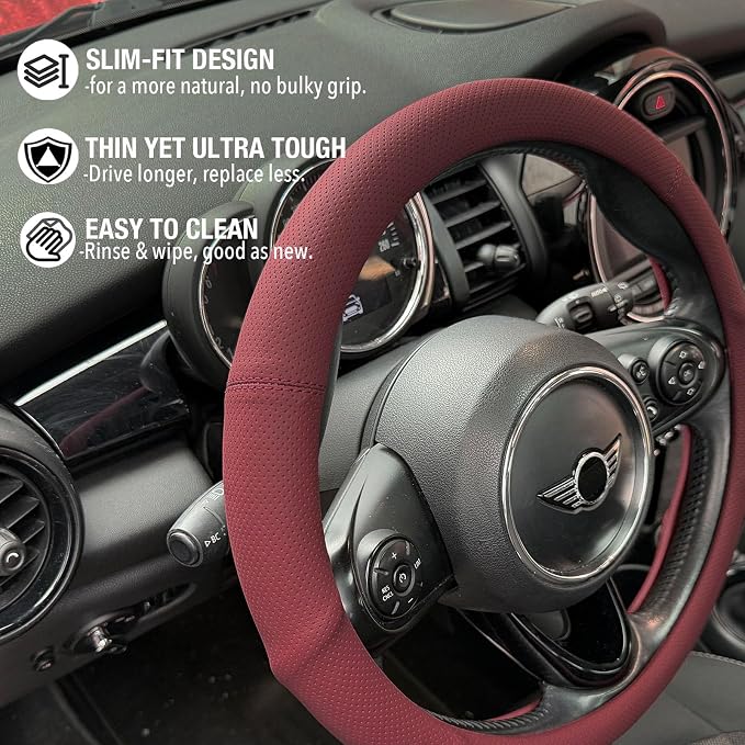 PINCTROT Large Size Nappa Leather Steering Wheel Cover with Ergonomic Palm Support Grip, Full Perforated Breathable, Slim Fit No Bulk Design,15.5-15.75 Inch(Burgundy Red)