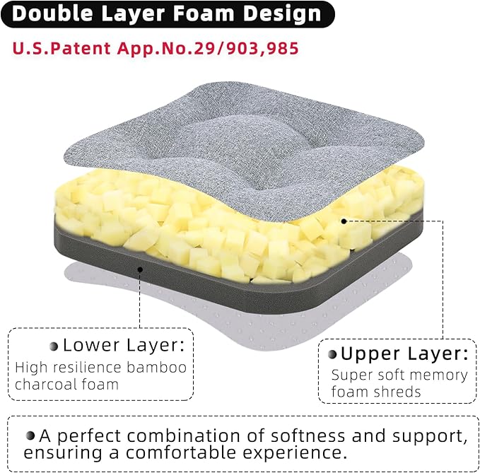 GOFORIT Chair Cushions Set of 4,Tufted Shredded Memory Foam Chair Pads, Non-Slip Seat Cushions with Removable Cover, 16'' x 16'', 4 Pack,Grey