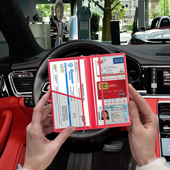 TOURSUIT Car Registration and Insurance Card Holder, Vehicle License Document Glove Box Compartment Organizer, Interior Car Accessories for Women Men Teens (Carbon Red)