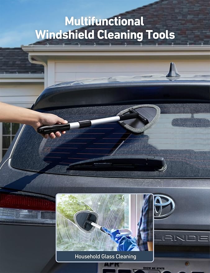 AstroAI Windshield Cleaner Tool, Car Interior Window Detailing Cleaning Kit with Extendable Handle and 4 Easy-to-Install Reusable Microfiber Pads, Auto Glass Wiper Brush Kit for Car&Home, Gray, 21in
