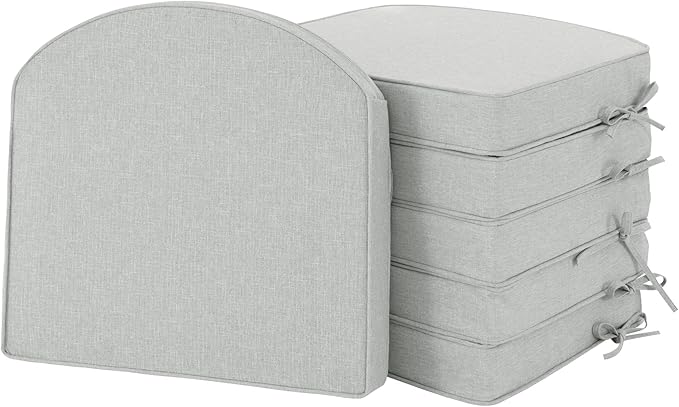 Outdoor Chair Cushions, Fade-Resistant & Water-Resistant, D Shaped Patio Furniture Seat Chair Pads Replacement with Ties, Non-Slip Bottom, Removable Cover, Set of 6, 17 x 16 Inch, Light Grey
