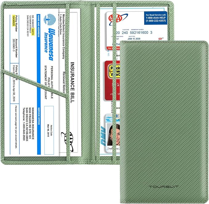 TOURSUIT Car Registration and Insurance Card Holder, Vehicle License Document Glove Box Compartment Organizer, Interior Car Accessories for Women Men Teens (Carbon Green)