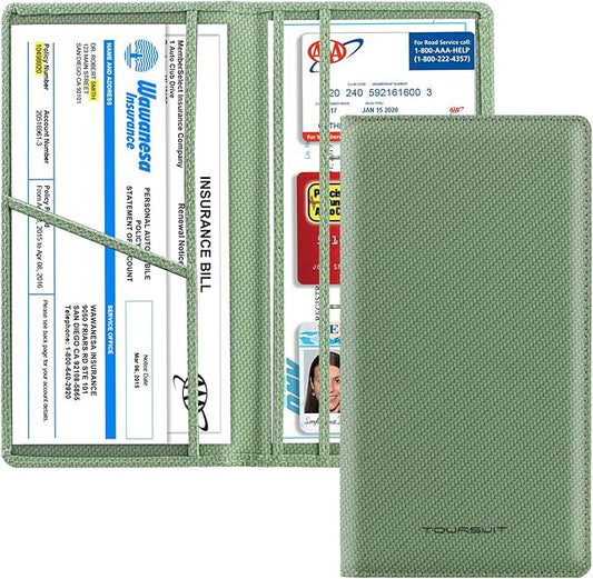 TOURSUIT Car Registration and Insurance Card Holder, Vehicle License Document Glove Box Compartment Organizer, Interior Car Accessories for Women Men Teens (Carbon Green)