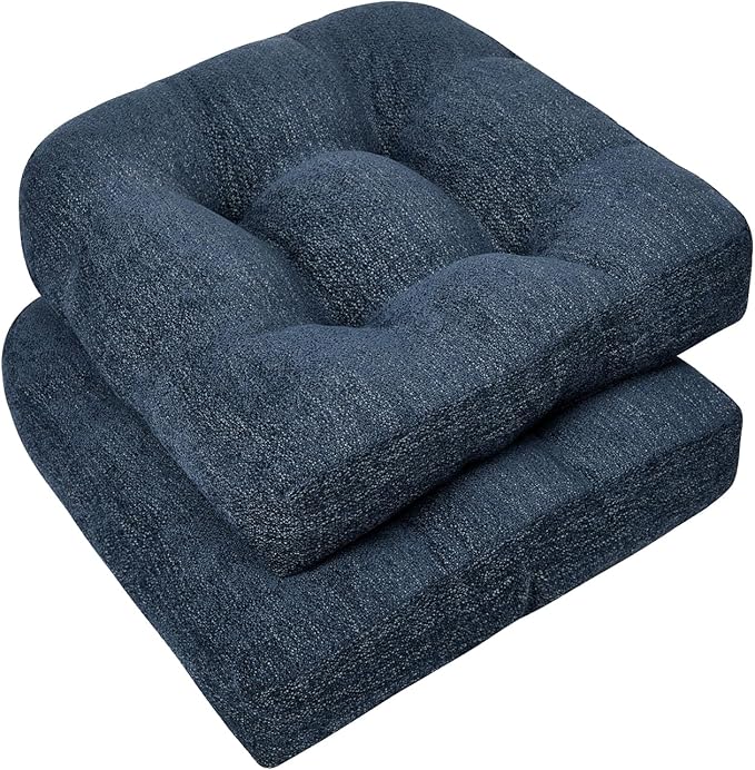 downluxe Chair Cushions for Dining Chairs 2 Pack, Tufted Indoor Chair Pads with Non-Slip Bottom, U-Shaped Kitchen Chair Cushions, 17"x17"x4", Navy