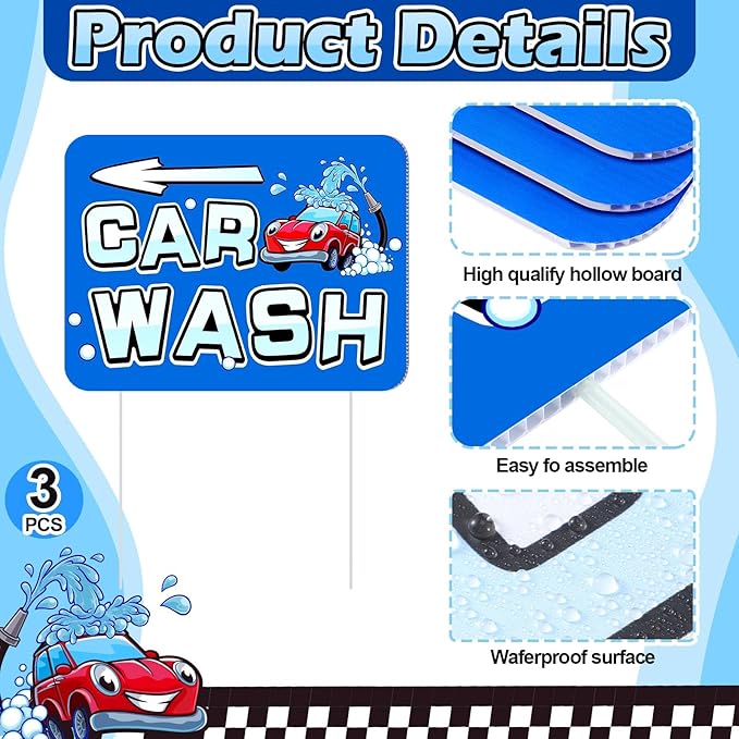 Blulu 3 Pcs Car Wash Arrow Yard Signs 15.7 x 12 Inches Car Wash Sign Double Sided Yard Decoration with Stakes for Outdoor Business Advertising and Events Publicity (Blue)