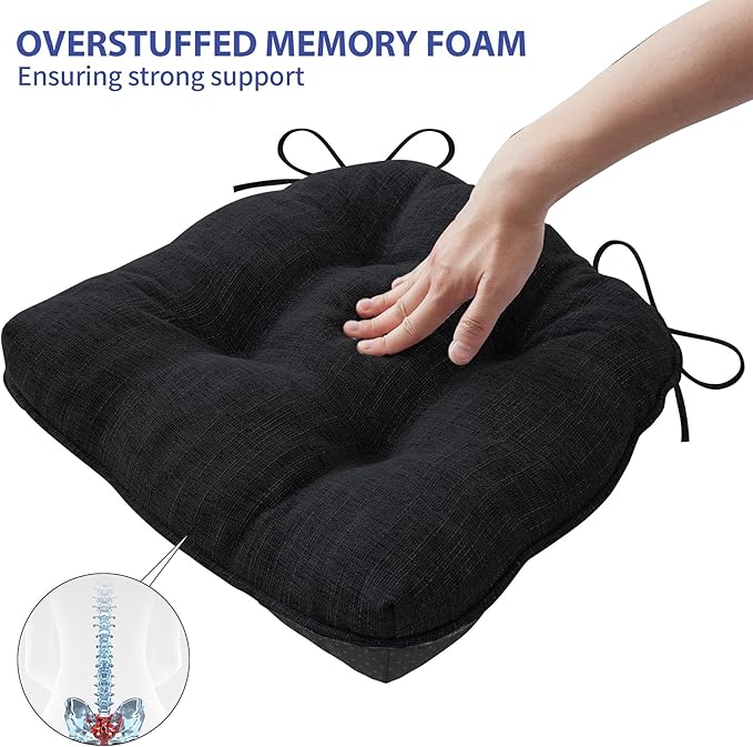 IPYNBAP Chair Cushions for Dining Chairs Set of 2, Kitchen Chair Cushions, Chair Pads with Ties and Non Slip Backing, Tufted Memory Foam Seat Cushion 2 Pack, 15.5" x 15.5" x 4", Black