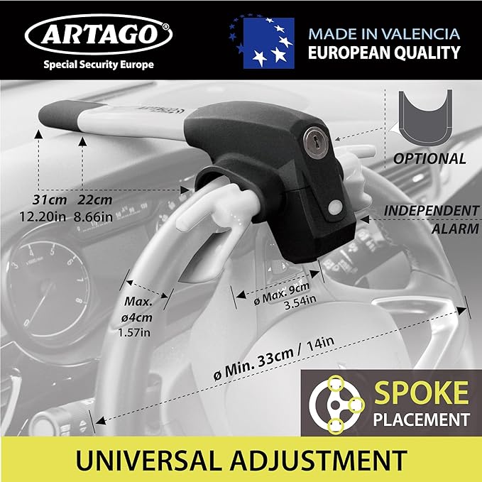 ARTAGO 870 High-End Steering Wheel Lock 2in1 | Smart Alarm, 120dB, Theft Attempt Warning, Night LED Alert | More Secure & Deterrent Around a Spoke, Best Anti-Theft Device for Car SUV Pickup-Truck Van