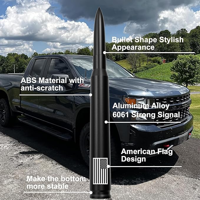 Car Truck Bullet Antenna with Tire Valve Caps American Flag Universal Short Replacement for GMC Sierra Chevy Silverado Dodge Ram 1500 2500 3500 Ford F150 F250 F350 Super Duty Raptor, Matte Black, 7"